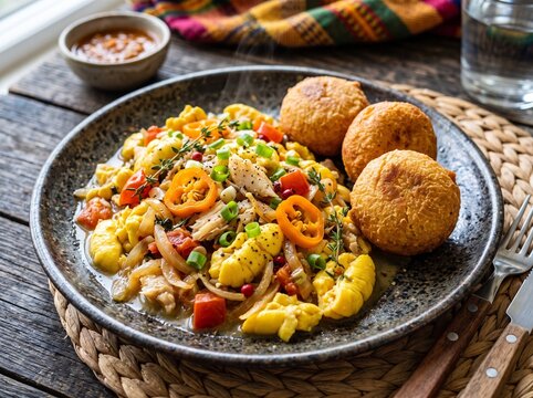 Traditional Jamaican Ackee and Saltfish served with Fried Dumplings on Rustic Plate with Scotch Bonnet Peppers