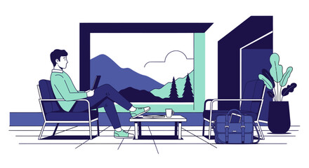 Fototapeta premium Man Using Tablet in Modern Lounge with Mountain View Vector Illustration