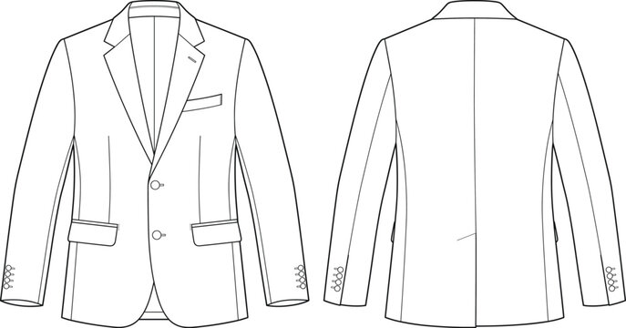 Technical Flat Sketch of Tailored Blazer Jacket with Notched Lapel, Buttons, and Pocket Details