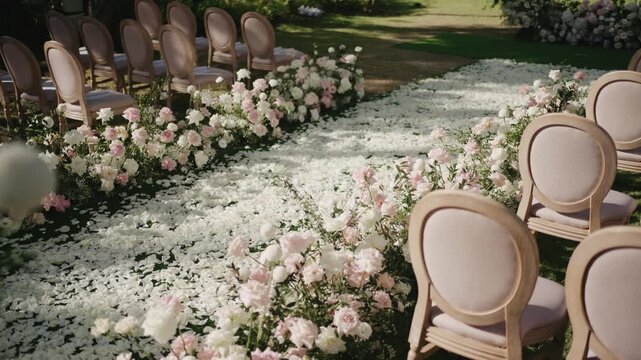 A beautiful outdoor wedding ceremony setup on a lush green lawn, featuring elegant chairs lined up along a path covered in white flower petals, creating a dreamy aisle.