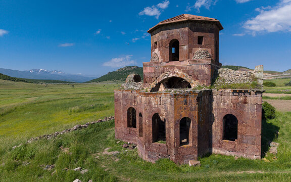 Aerial View of Kizil Kilise in Guzelyurt Aksaray Turkey with Early Christian Red Stone Church and Cappadocia Landscape