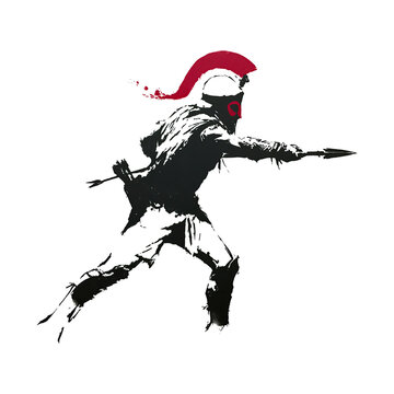 Warrior in motion with spear and shield during a battle or training session in ancient times