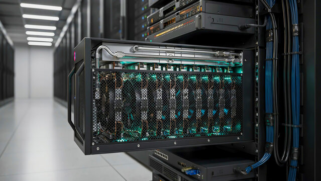 Close-up of server hardware with green lights and cables technology