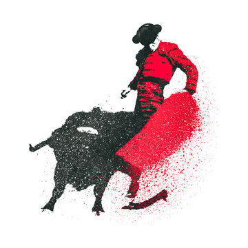 Bullfighter performs in a traditional event with red cape and black bull during a cultural celebration in Spain