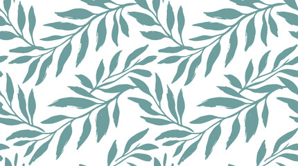 Fototapeta premium Elegant Seamless Hand Drawn Botanical Pattern with Teal Leaves on White Background for Textile Design