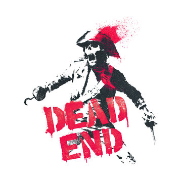 Street art shows a pirate figure with a hook and a message about a dead end, located in an urban area during the day