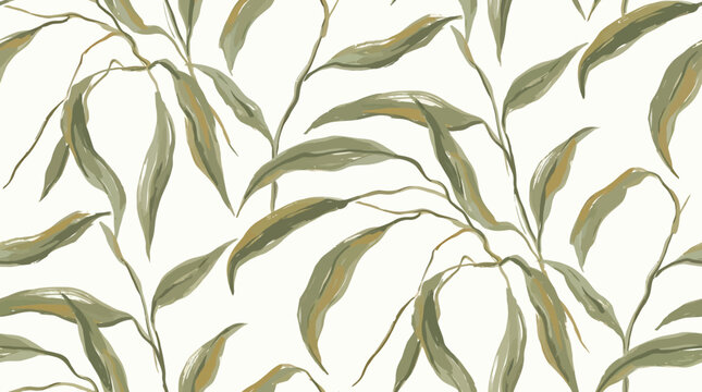 Elegant seamless hand drawn Botanical Pattern featuring delicate green leaves and branches on a clean white background, perfect for natural decor and textile designs