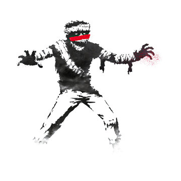 Street art shows a figure dressed in black and white with a red accent, standing in an urban setting at night