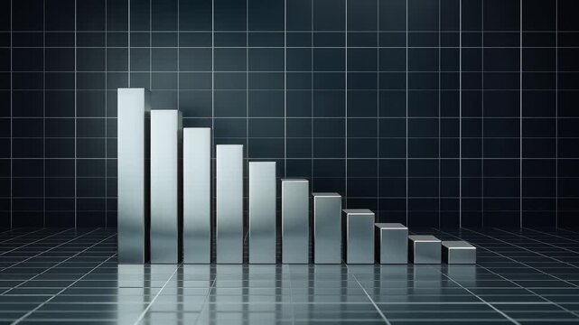 3D Silver Declining Bar Graph Animation Depicting Financial Loss and Business Downturn for Market Recession, Economic Decline, and Negative Growth