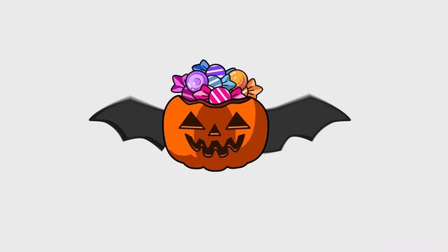 Animated Halloween Flying Pumpkin with Bat Wings and Candy, Cute Jack O' Lantern Trick or Treat Seamless Loop 4K 60fps Video Animation Element