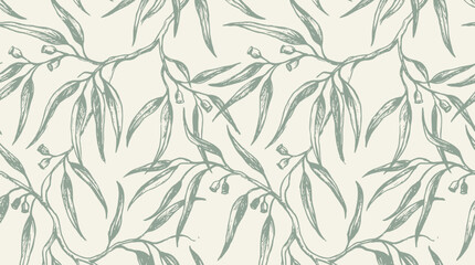 Seamless hand drawn Botanical Pattern featuring elegant eucalyptus leaves and branches in soft sage green for organic background design © Crushin