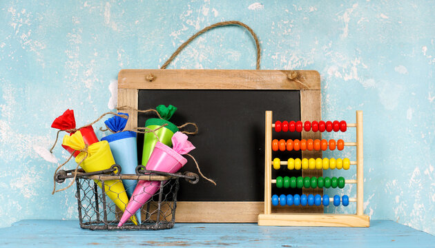 Back to School Concept with Colorful Paper Cones and Vintage Style