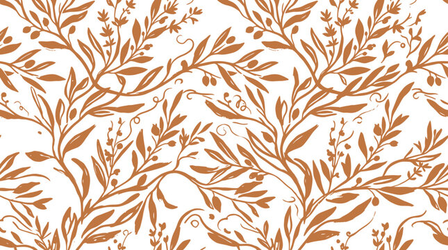 Earthy brown hand drawn botanical pattern on a white background, ideal for wallpaper, textiles, and graphic design projects