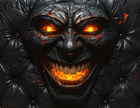 A close-up of a grotesque, black, demonic face with glowing orange eyes and teeth, set against a black leather tufted background