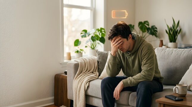 Frustrated man sitting on a sofa holding his head