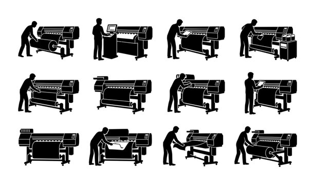 Large Format Printing Workflow Silhouette Set Featuring Professional Operator Working On Industrial Plotter Machine
