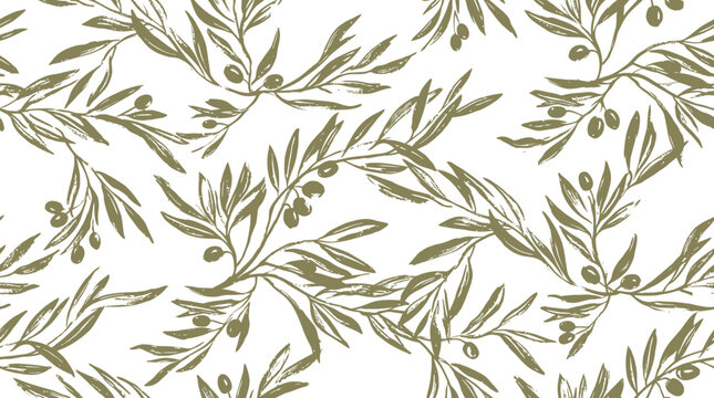 A hand drawn botanical seamless pattern features olive branches with leaves and olives.
