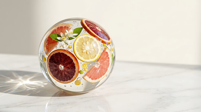 Vibrant citrus fruit slices captured inside a clear glass sphere with white blossoms resting on a smooth marble table surface