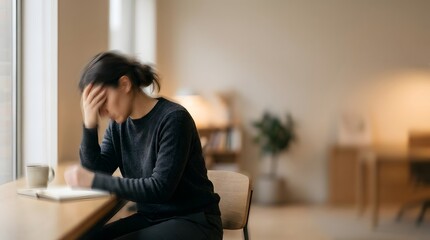 Fototapeta premium Overworked woman resting her head on the desk in frustration