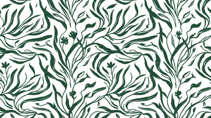 The hand drawn botanical seamless pattern features various plants and leaves in a repeating design. © Crushin