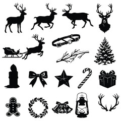 Fototapeta premium Traditional christmas silhouettes including gingerbread man reindeer wreath and candle set