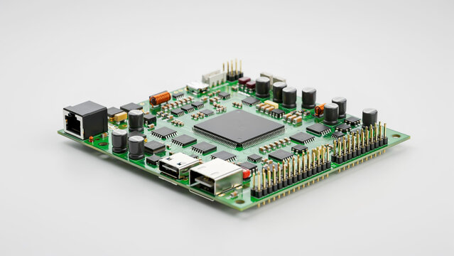 Green circuit board with electronic components on white background green pcb microcontrollers capacitors