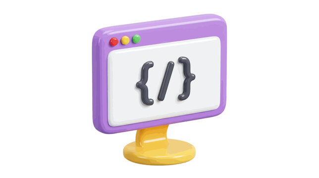 Vector illustration of 3d render of a computer monitor icon with coding symbols on a transparent background
