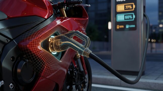 A close up of a premium red electric sports motorcycle at twilight with glowing amber gold and teal technical wireframe charging nozzle, electric bike charging