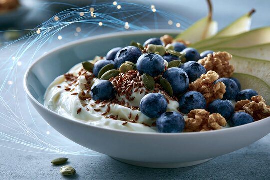 Icelandic skyr bowl with blueberries pear walnuts and seeds showcasing Nordic superfood breakfast and healthy aging nutrition
