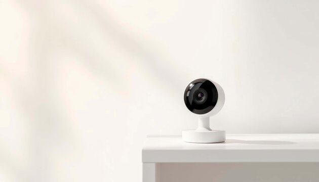 Smart security camera on white table against light background  
