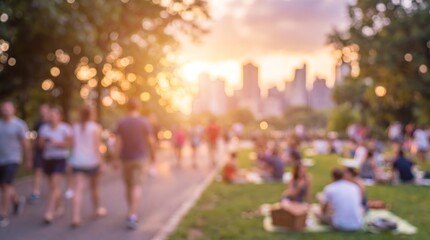 Obraz premium Blurred people walking through public park at sunset with city skyline background and golden hour light creating dreamy atmosphere for urban lifestyle concepts and community gatherings