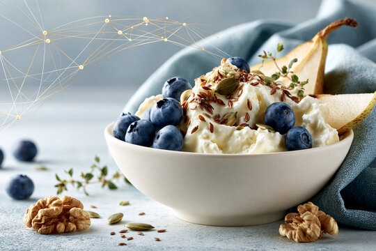 Icelandic skyr bowl with blueberries pear walnuts and seeds showcasing Nordic superfood breakfast and healthy aging nutrition