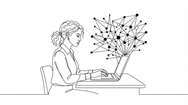 Continuous line art vector of tech woman working on laptop computer with network nodes and abstract data structure