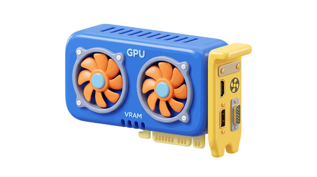 Vector illustration of 3d illustration of a blue graphics card with orange fans on a transparent background