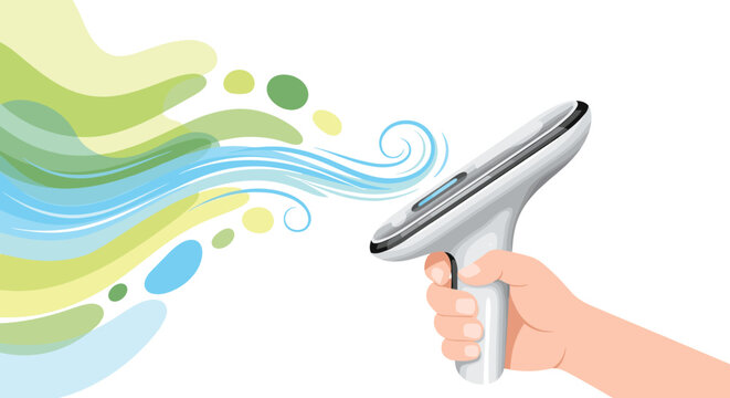 Hand holding squeegee with water flow.