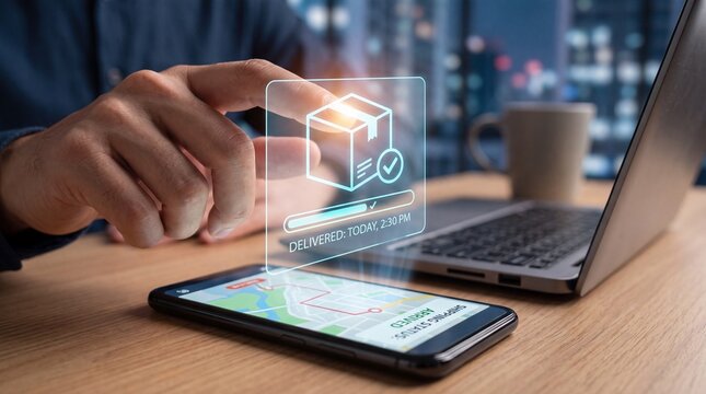 Modern delivery tracking interface displayed on a smartphone screen, overlaid with augmented reality graphics showing package status and location