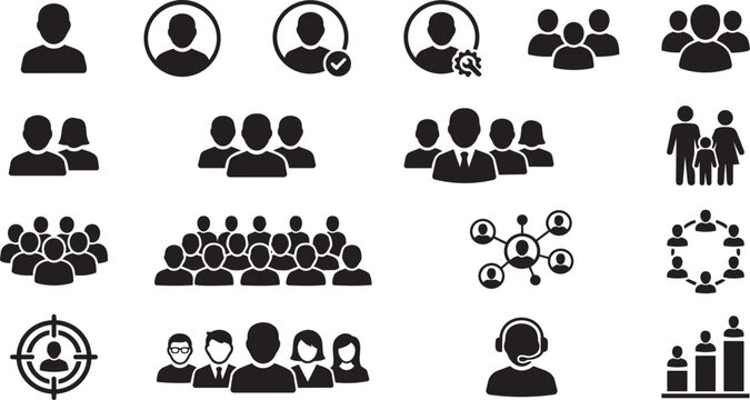 Black silhouette human avatar icon set for business communication displayed as a vector on transparent background