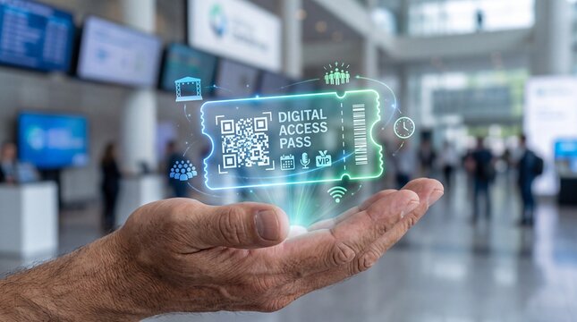 Futuristic Digital Access Pass Projection: Innovative Technology in a Modern Airport Setting, Showcasing Seamless Entry with QR Code, Barcode, and VIP Privileges &ndash; A Vision of the Future.