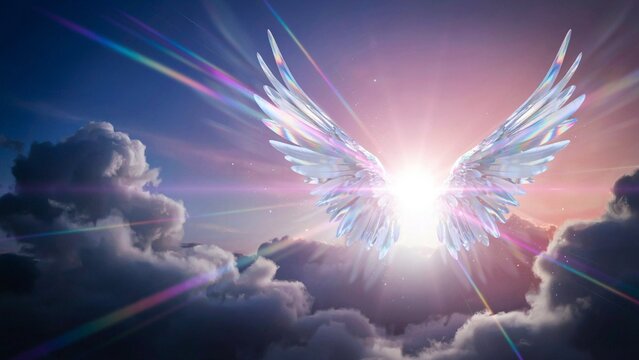 Glowing Angel Wings in Heaven Sky Seamless Loop