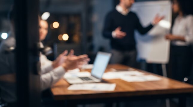 Professional business team meeting late at night in office with hands gesturing over wooden table and team member presenting on whiteboard in blurred background