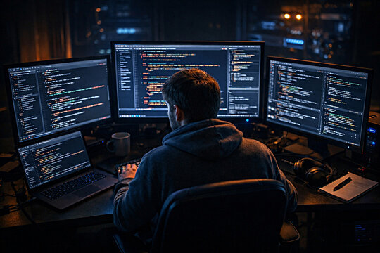 Male Developer Working on Multiple Monitors Coding Software in Dark Room at Night