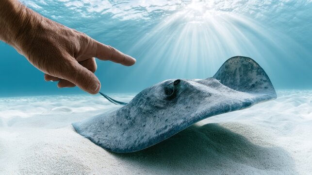 Hand pointing at majestic stingray swimming underwater