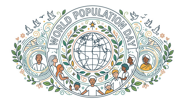 Celebrating World Population Day with diverse people and the globe surrounded by decorative elements