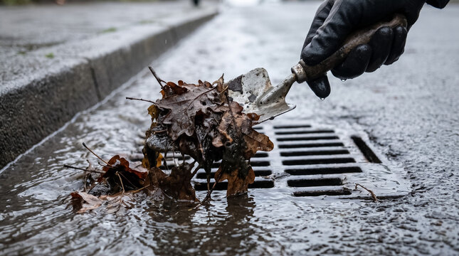 Gloved hand clearing blocked storm drain with small shovel, removing wet autumn leaves and debris to ensure water drainage
