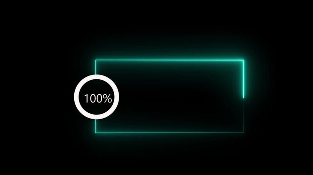 Complete 100 percent loading represented by a white neon circular progress bar with a Cyan line on a black background.4k Motion Graphic.