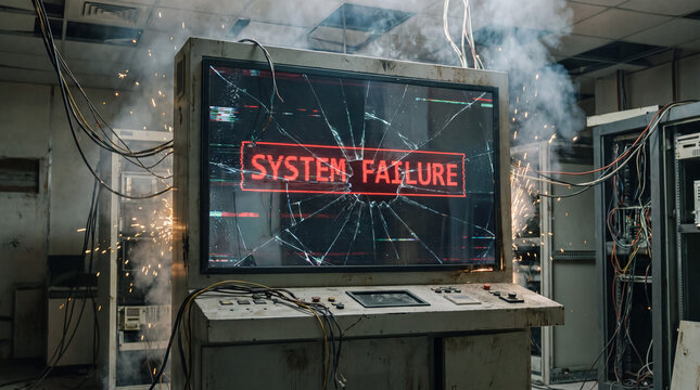 Computer system failure warning on a broken screen with sparks and smoke in a damaged server room
