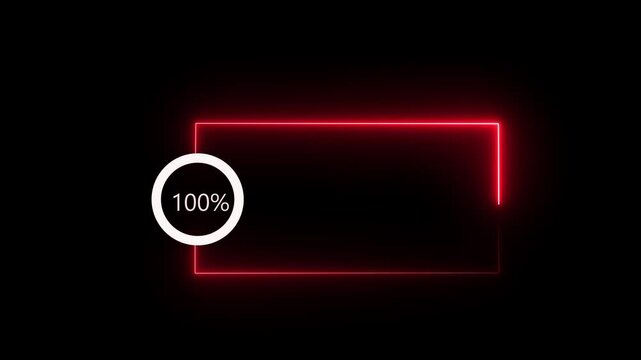 Complete 100 percent loading represented by a white neon circular progress bar with a red line on a black background.4k Motion Graphic.
