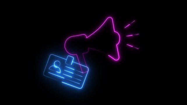 Neon light effect animation of a megaphone icon and a personal Smart card. 4k Video