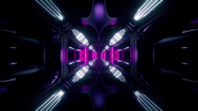 Tunnel violet futuristic neon corridor with glowing endless light reflections