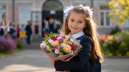 Fototapeta premium Young girl smiling with flower bouquet on schoolyard during autumn 